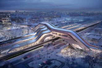 Architectural visualisation of a future Rail Baltica station and rail interchange in winter