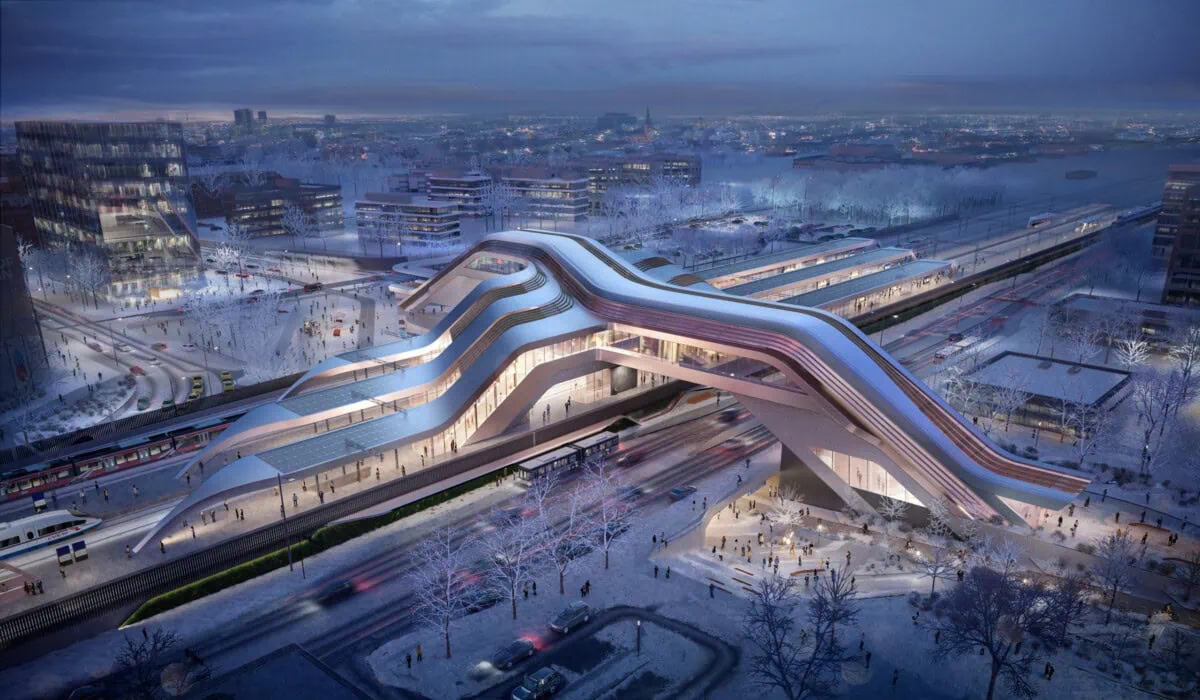 Architectural visualisation of a future Rail Baltica station and rail interchange in winter