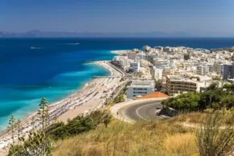 Coastal view of Rhodes Town with beaches and hotels