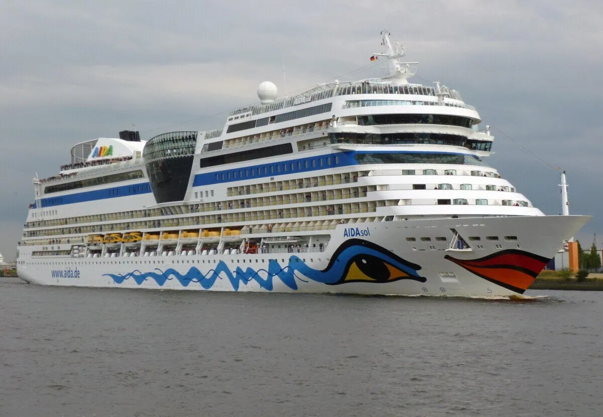 Large cruise ship sailing near Riga cruise port on the Daugava River