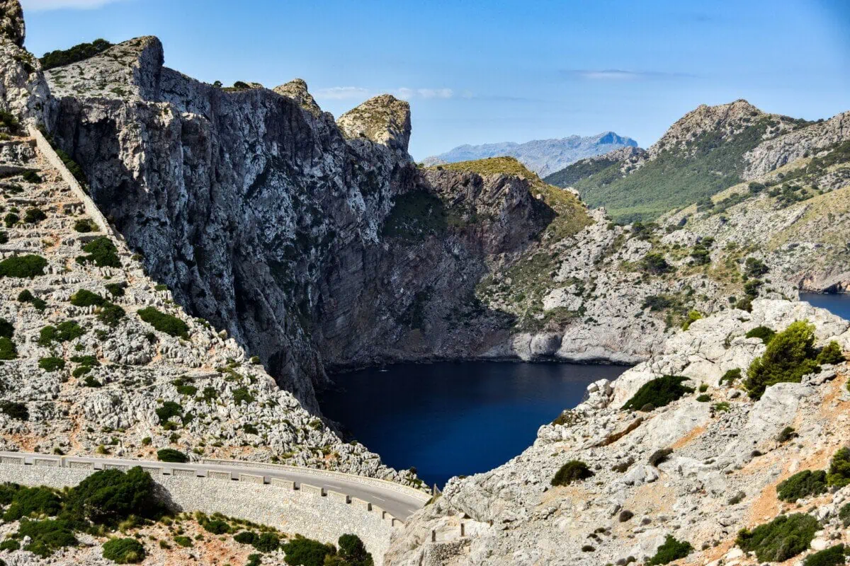 Rocky mountains and coastal road in the Serra de Tramuntana in Mallorca