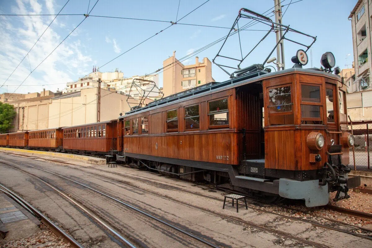 Vintage wooden Sóller train on the railway in Mallorca