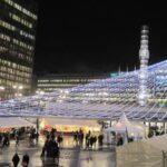 Christmas lights and festive market stalls in central Stockholm at night