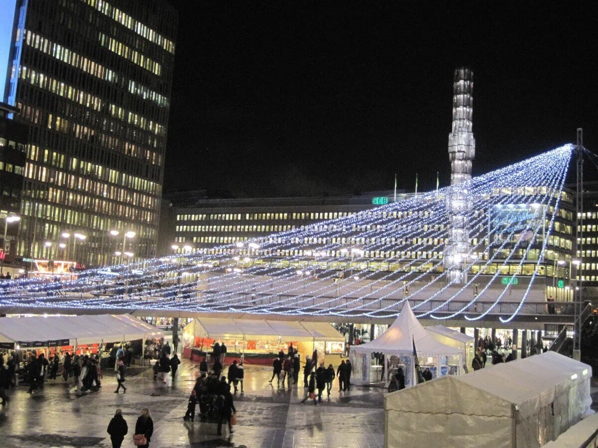 Christmas lights and festive market stalls in central Stockholm at night