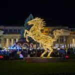 Illuminated golden horse decoration at Stuttgart Christmas Market