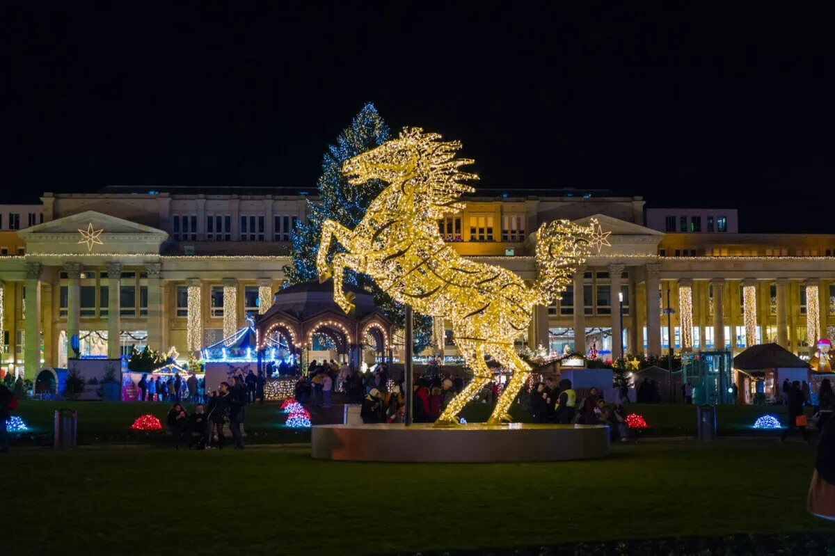 Illuminated golden horse decoration at Stuttgart Christmas Market