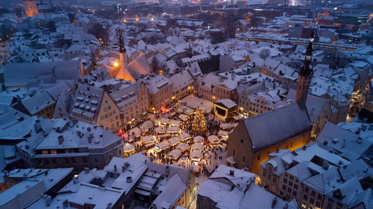 Tallinn Christmas market in the snow from above