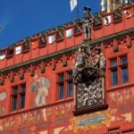 Red facade of Basel Town Hall on Marktplatz in Basel, Switzerland
