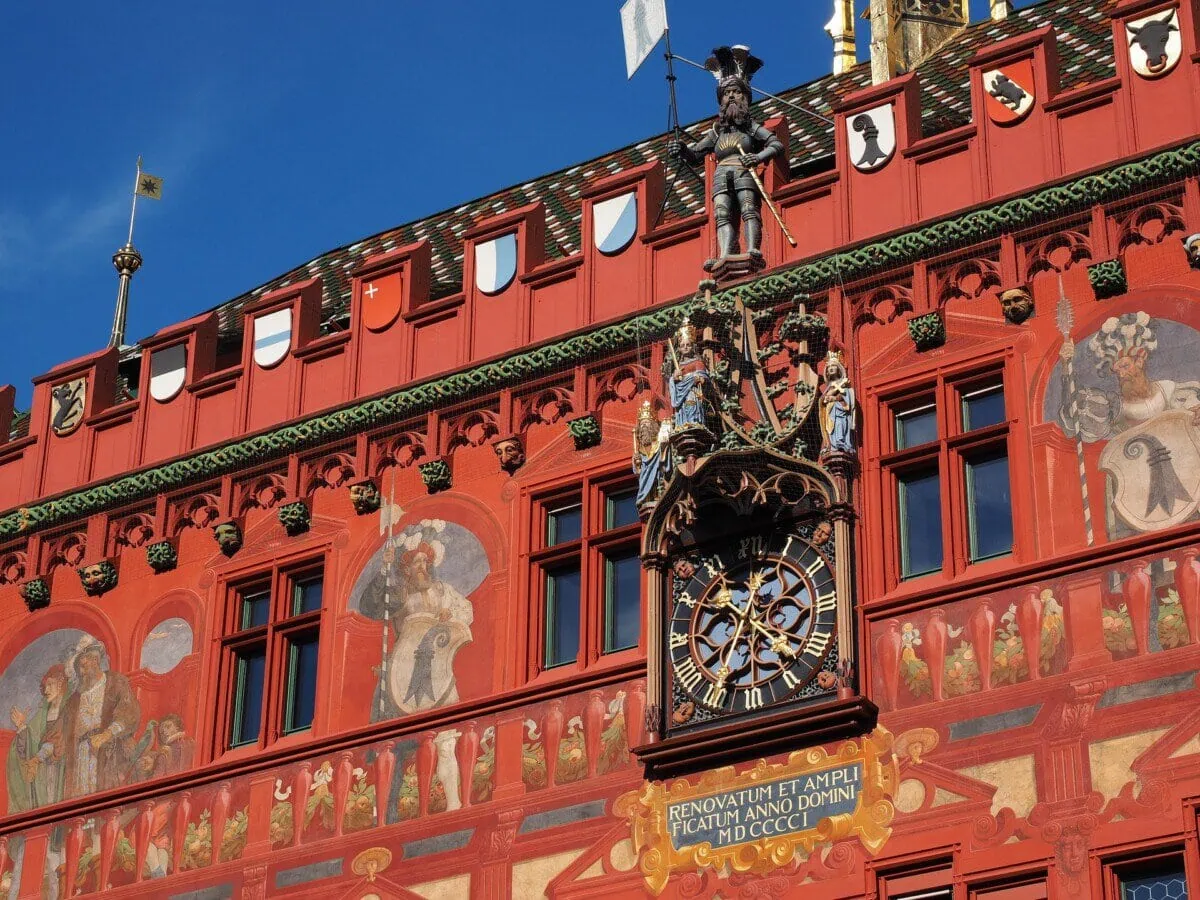 Red facade of Basel Town Hall on Marktplatz in Basel, Switzerland