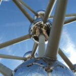 Looking up through the silver spheres and connecting tubes of the Atomium in Brussels