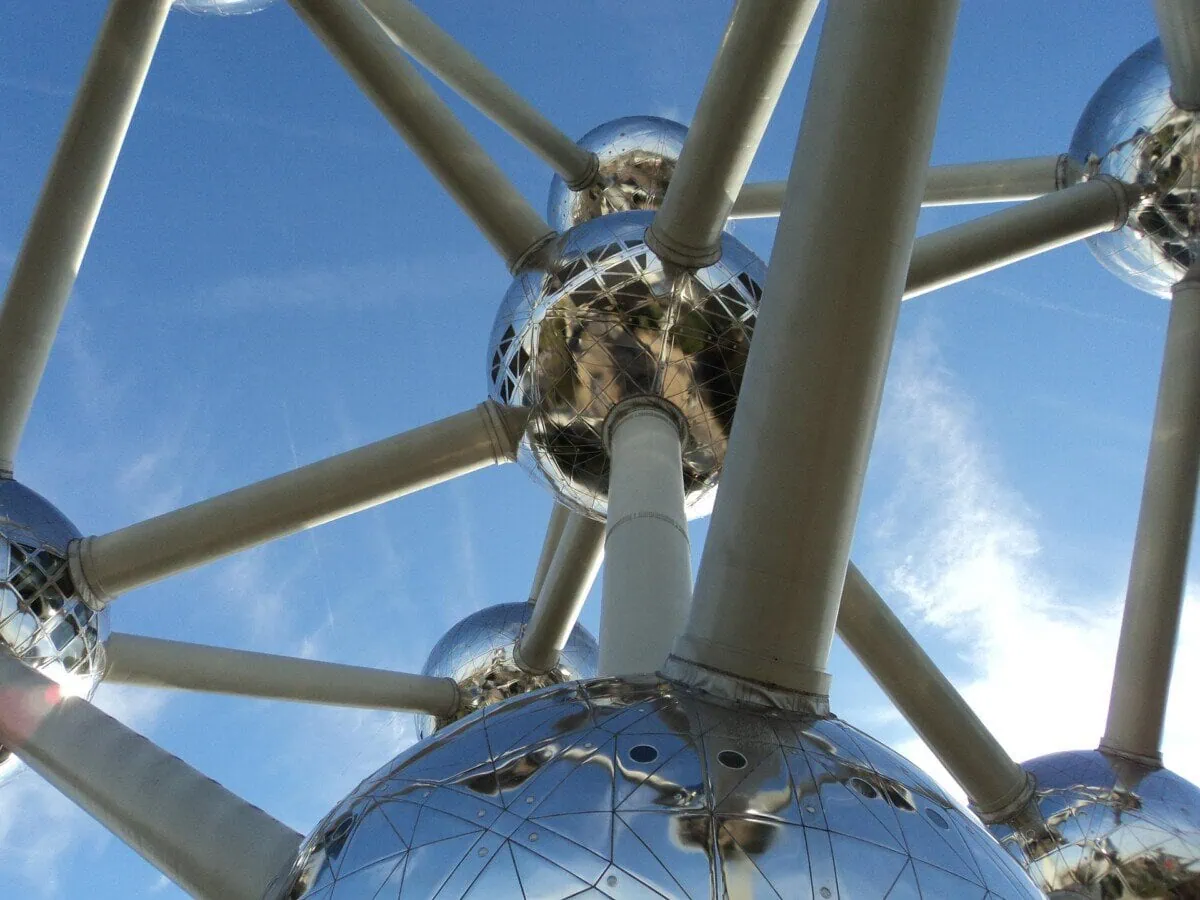 Looking up through the silver spheres and connecting tubes of the Atomium in Brussels