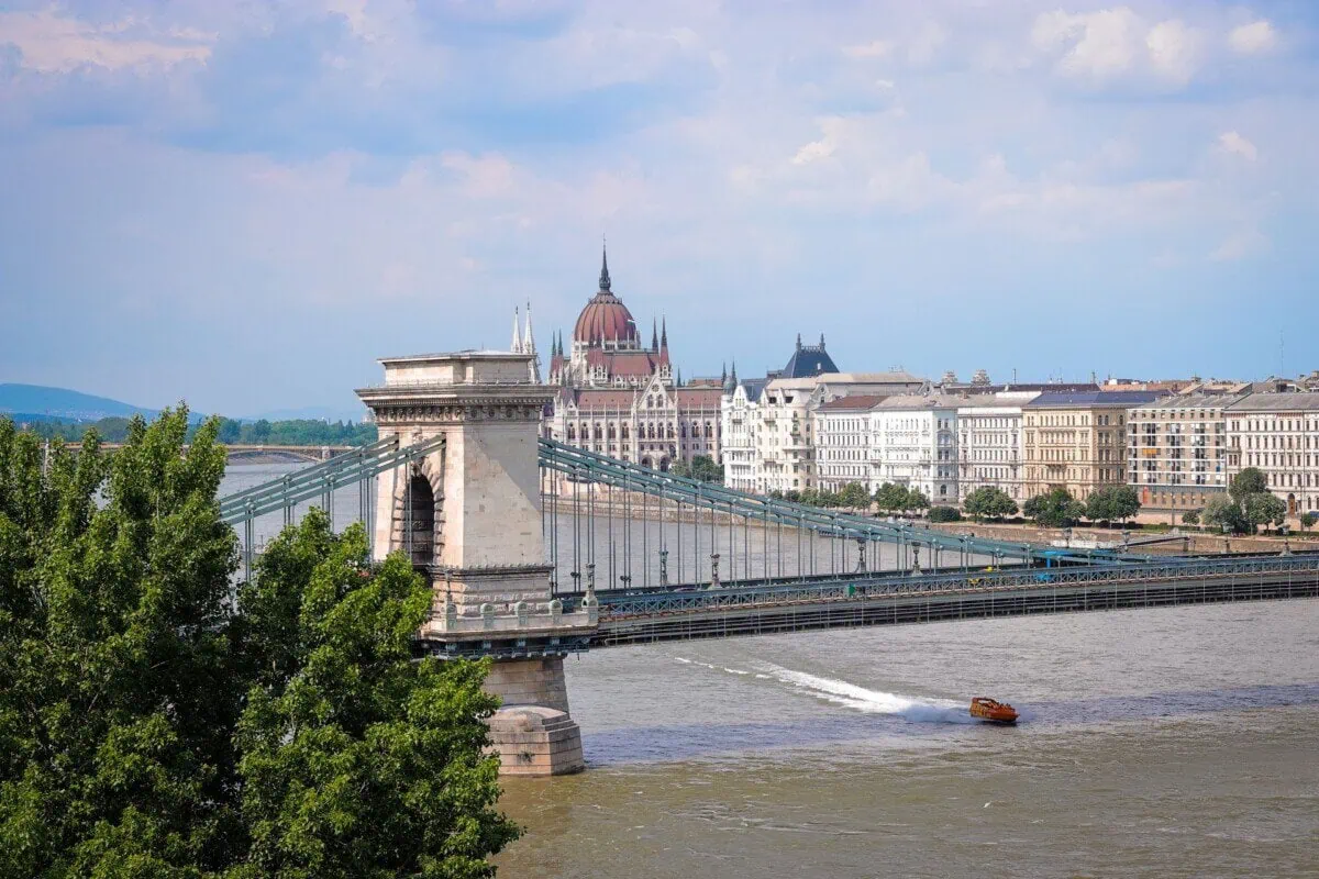 Széchenyi Chain Bridge over the Danube with the Hungarian Parliament Building in the background in Budapest