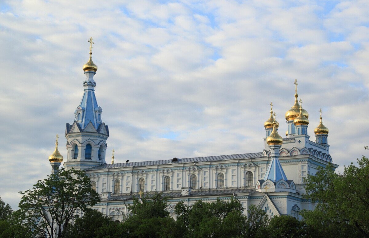 Orthodox cathedral with golden domes in Daugavpils, Latvia