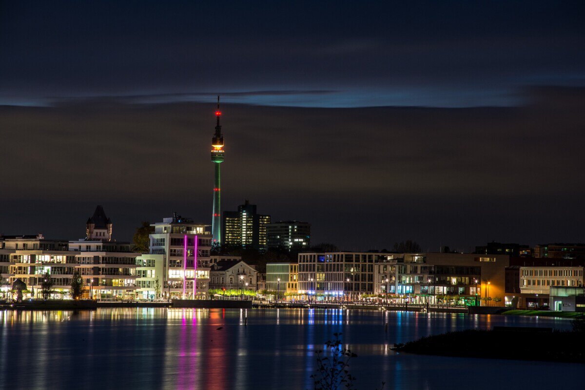 Dortmund skyline at night with the Florianturm tower