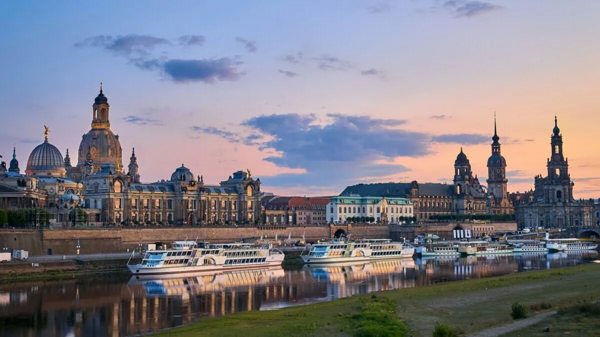 Dresden Old Town skyline and riverboats on the River Elbe