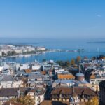 Panoramic view of Geneva and the Jet d'Eau on Lake Geneva