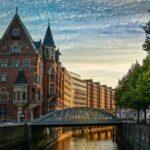 Historic brick buildings and canal in central Hamburg
