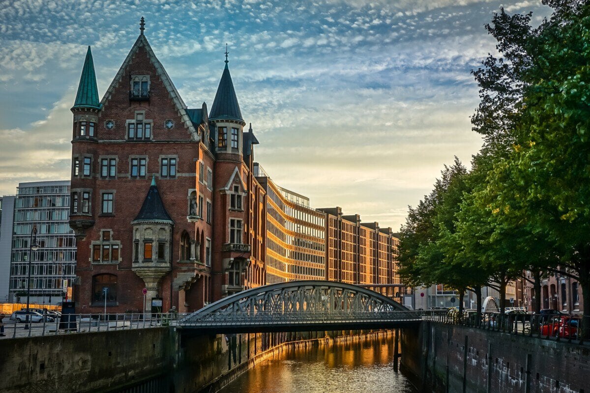Historic brick buildings and canal in central Hamburg