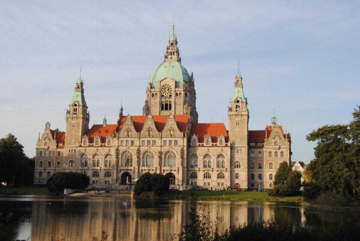 New Town Hall in Hanover reflected in the Maschpark pond