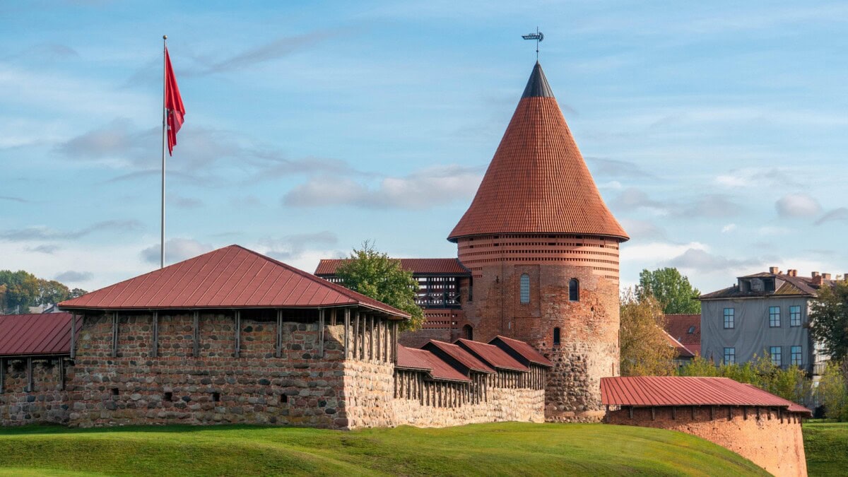 Kaunas Castle and its red-brick tower in Kaunas, Lithuania