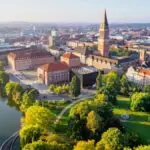 Aerial view of Kiel city centre and the Kiel Fjord