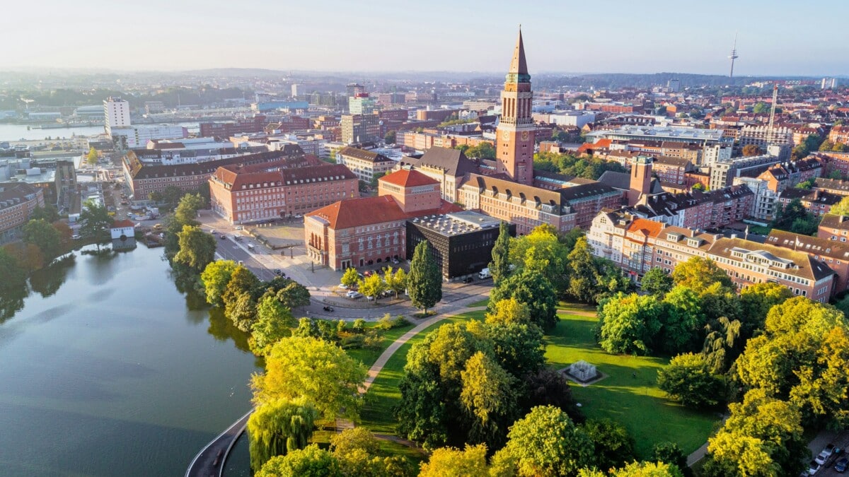 Aerial view of Kiel city centre and the Kiel Fjord