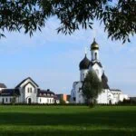Orthodox church and green space in Klaipeda, Lithuania
