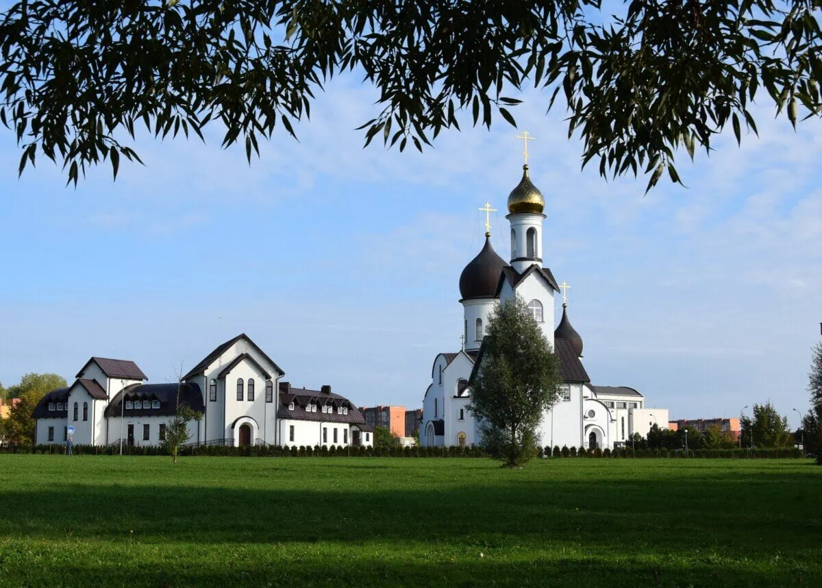 Orthodox church and green space in Klaipeda, Lithuania
