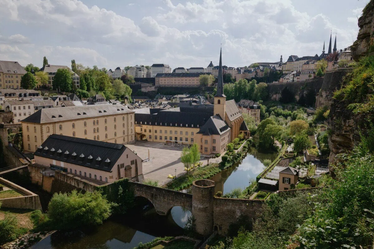 View across the Grund district and historic Old Town in Luxembourg City