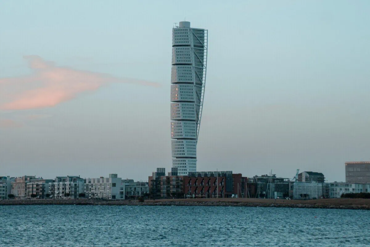 Turning Torso skyscraper rising above the waterfront in Malmö Sweden