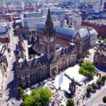 Aerial view of Manchester Town Hall and Albert Square in Manchester city centre