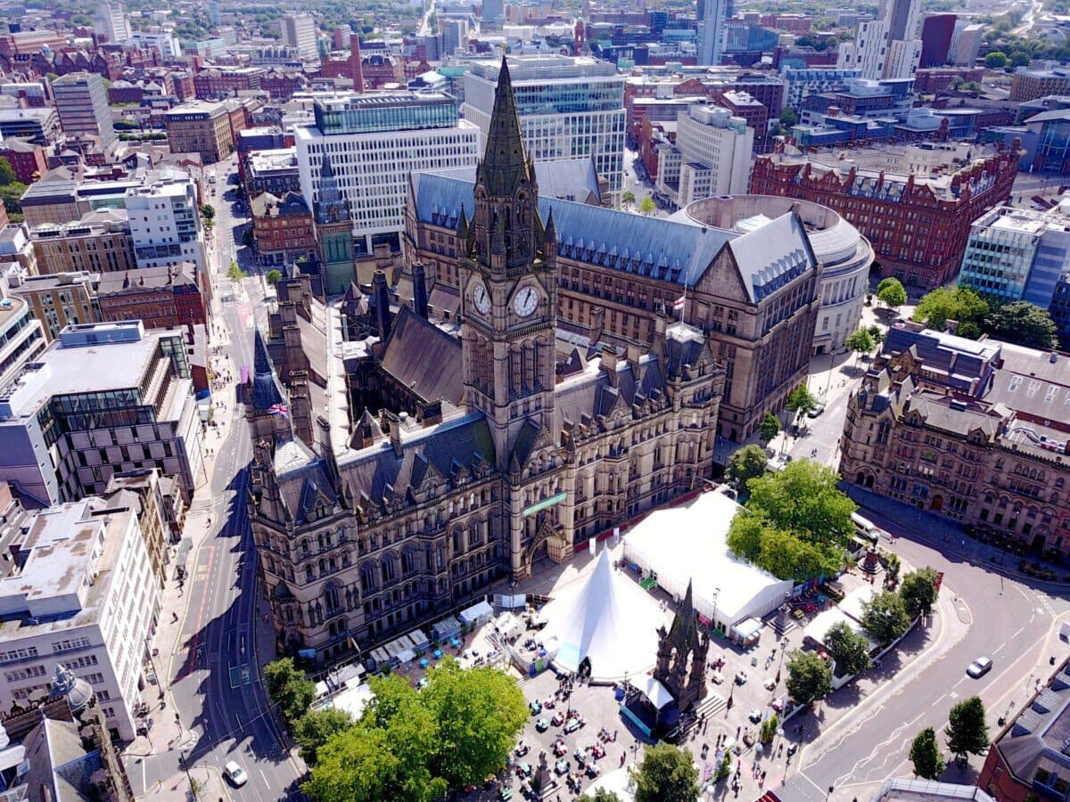 Aerial view of Manchester Town Hall and Albert Square in Manchester city centre