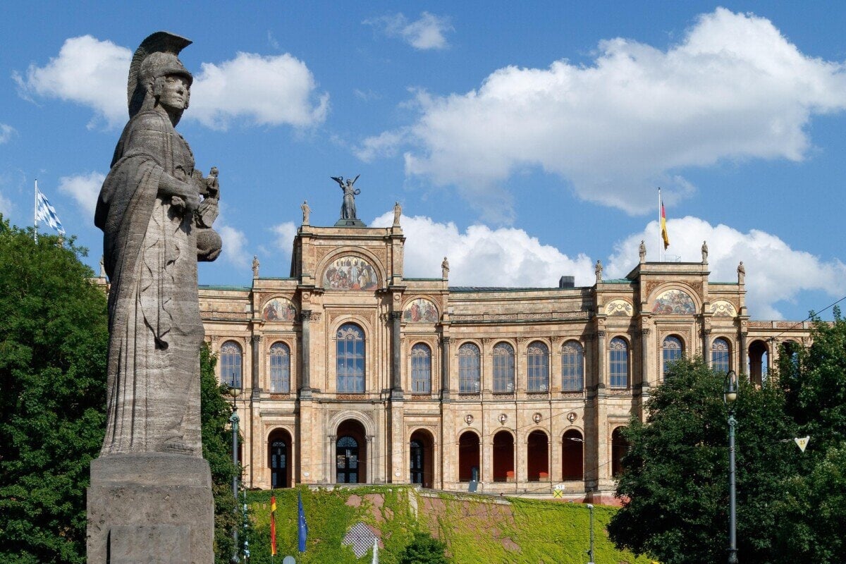 Maximilianeum building and Bavaria statue in Munich
