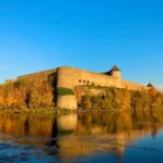 Narva Castle overlooking the Narva River in autumn, Estonia