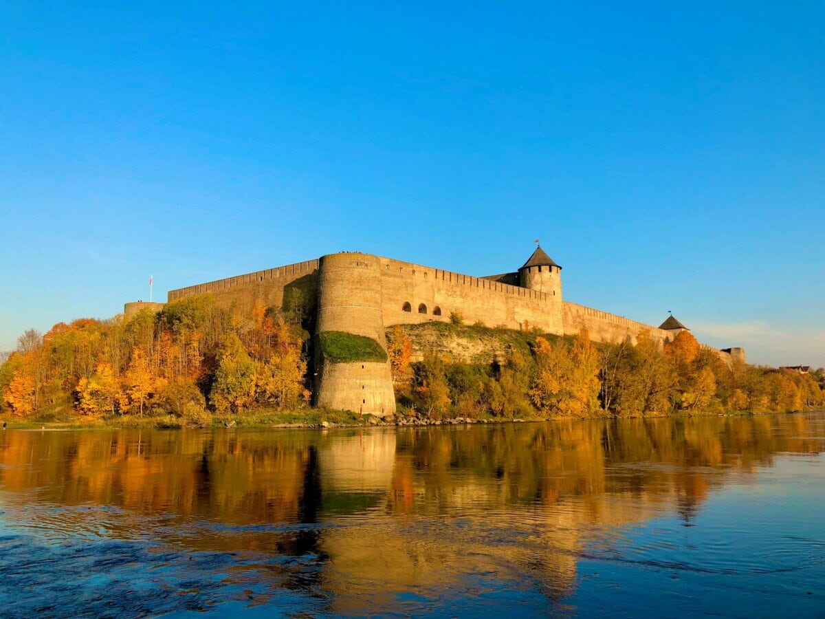 Narva Castle overlooking the Narva River in autumn, Estonia