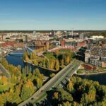 Aerial view of Tampere, Finland, with lakes, bridges and city buildings
