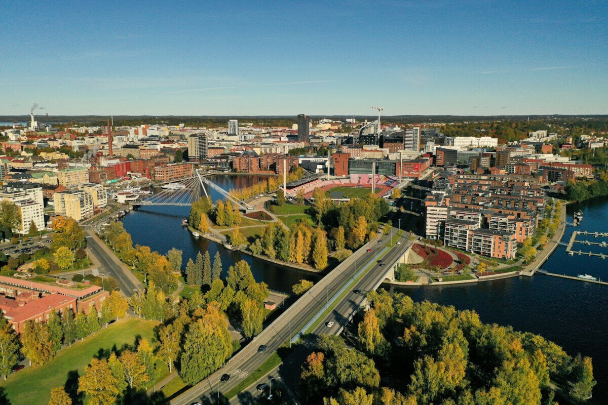 Aerial view of Tampere, Finland, with lakes, bridges and city buildings