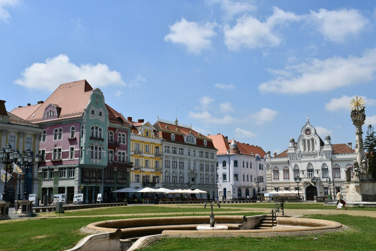 Historic buildings around Union Square in Timișoara, Romania