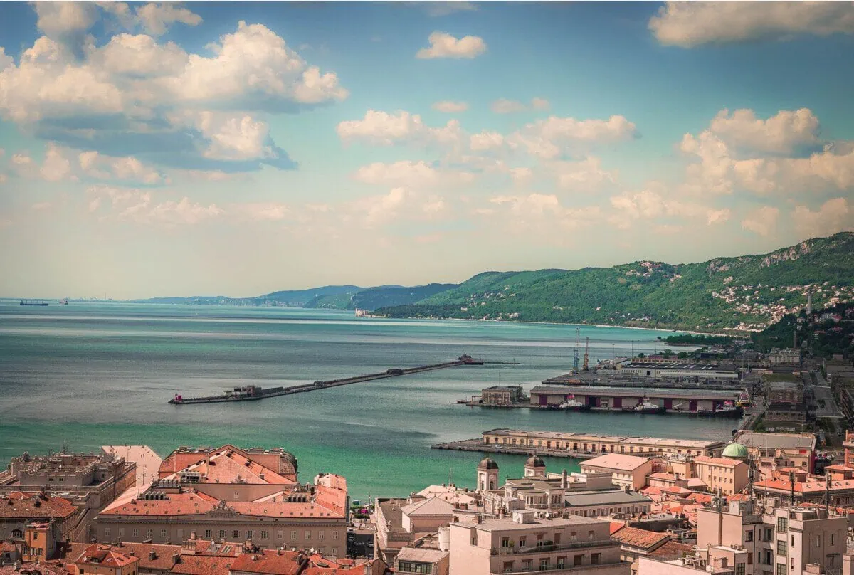 Panoramic view of Trieste port, city rooftops and the Gulf of Trieste