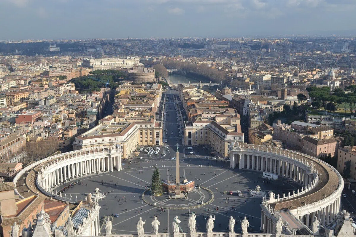 Aerial view of St Peter’s Square, Vatican City and the Rome skyline