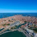Aerial view of Venice, the lagoon and Santa Lucia railway station