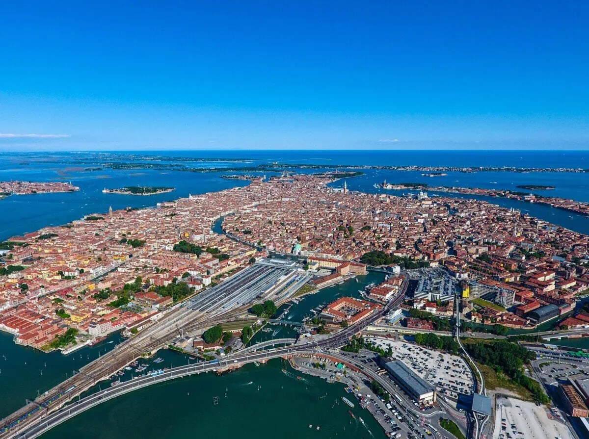 Aerial view of Venice, the lagoon and Santa Lucia railway station