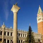 Christmas tree and Campanile in St Mark's Square Venice
