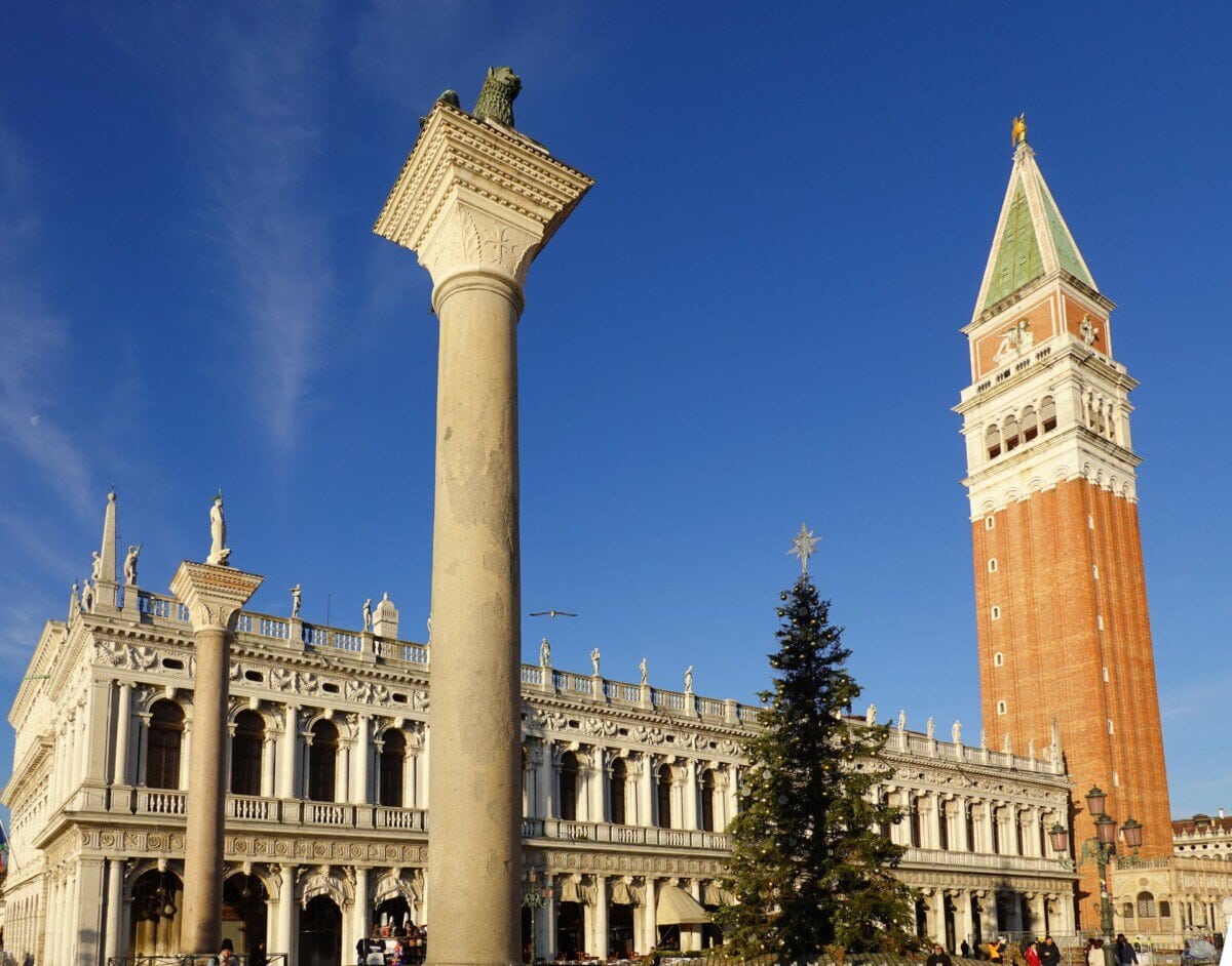 Christmas tree and Campanile in St Mark's Square Venice